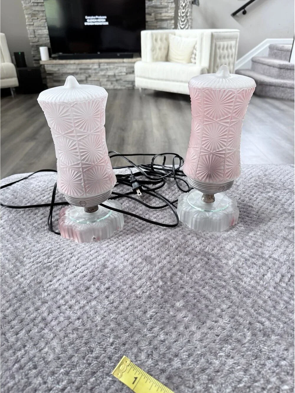 Vintage Pair Pink Satin Glass Boudoir Accent Lamps Starburst Pattern Frosted Gla